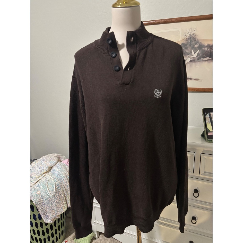 Chaps Mens Sweater Mock Neck Pullover Brown Button Neck Crest Logo XL